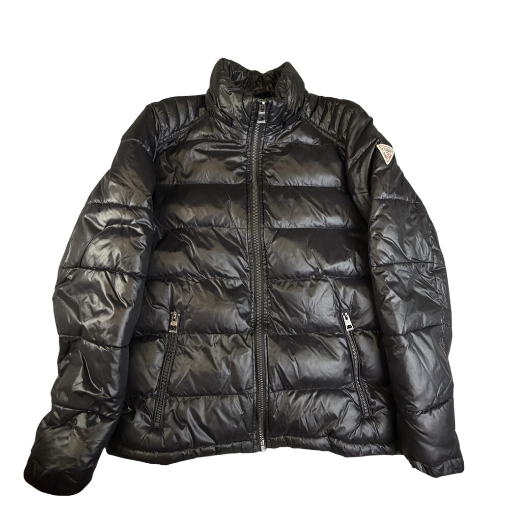 Guess Jacket Mens Medium Black Puffer Quilted Full Zip Insulated Logo